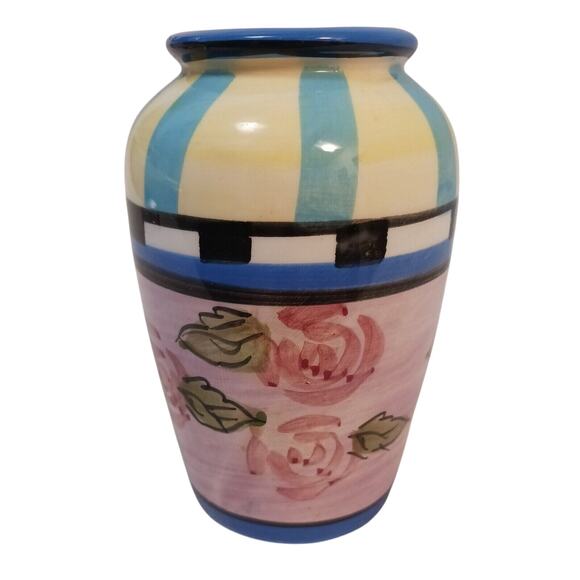 WCL Flower Bud Vase Colorful ROSE Pattern Whimsical  Flowers Striped CIRCUS Vntg - Picture 1 of 14